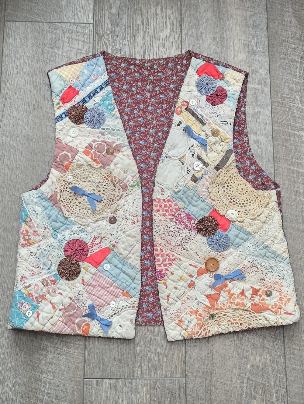 Patchwork Quilted Vest - Multicolor Floral Back